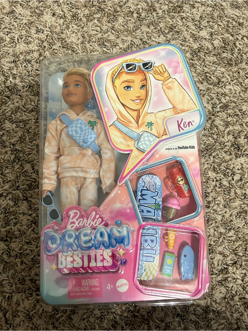 Barbie dream besties Ken Doll in Tan Tie-Dye Hoodie with Blue Crossbody Bag